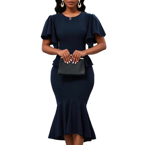 NWOT Elegant Navy Blue Ruffle Short Sleeve Fishtail Peplum Midi Dress Small - Picture 9 of 16